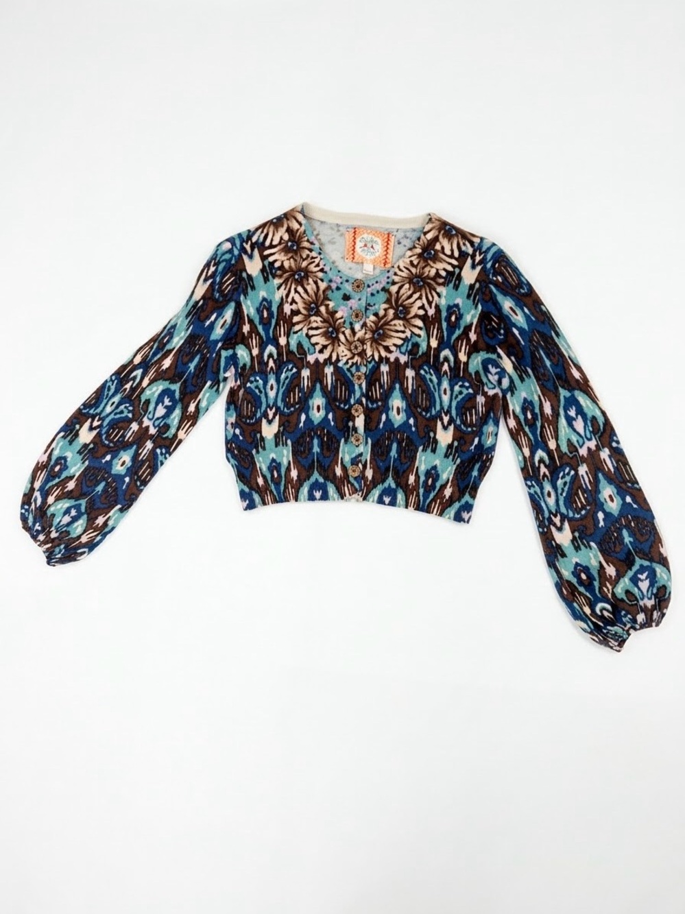 Chelsea & Violet Floral Ikat Cropped Cardigan Sweater Large Boho Balloon Sleeve